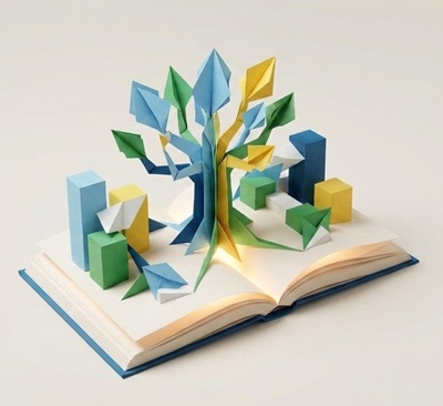 tree growing out of a book opened on a flat surface all styled in 3d paper design style