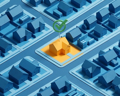Yellow House highlighted among blue homes in illustrated townscape seen from the air to illustrate address verification